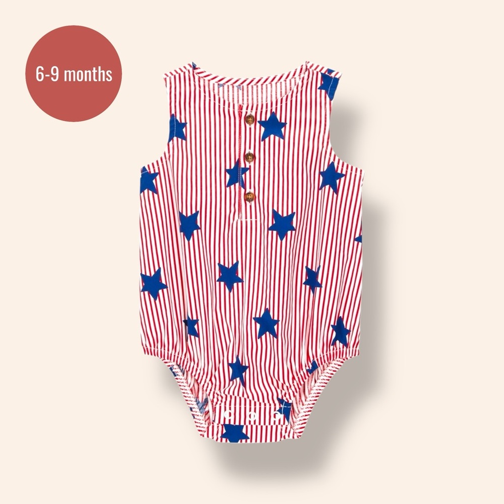 Baby Girl Patriotic Romper | 6–9 Months | Red White Blue Stars & Stripes Outfit